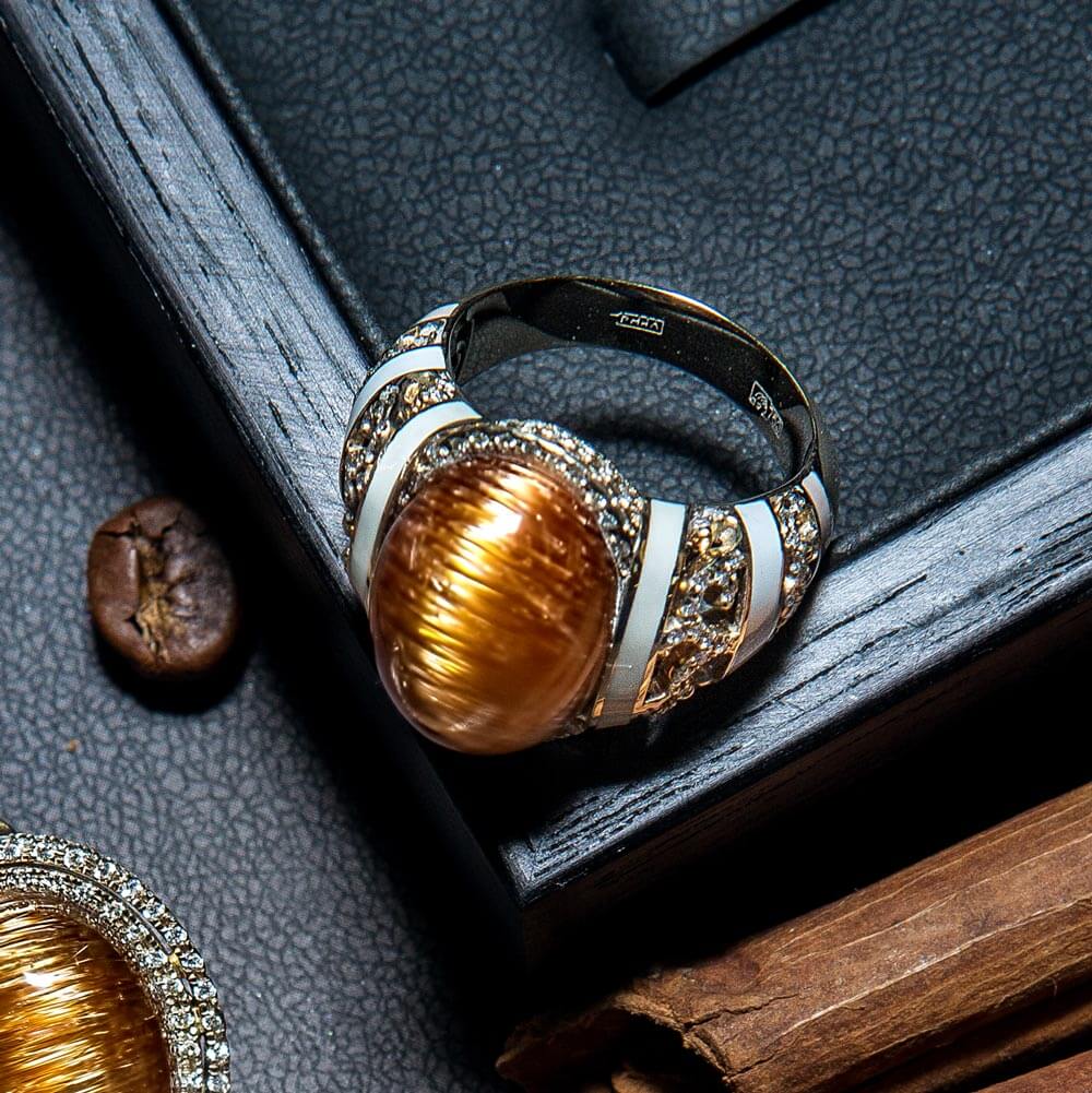 Кольцо Африка с рутиловым кварцем, бриллиантами, эмалью из белого золота 750 пробы, фото № 1