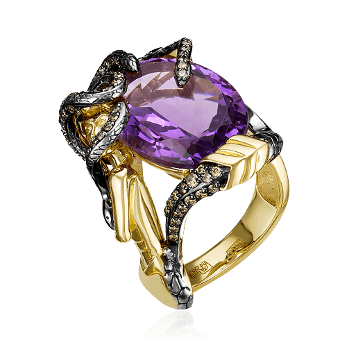 Кольцо Змеи с аметистом, бриллиантами из желтого золота 585 пробы (арт. 58456)