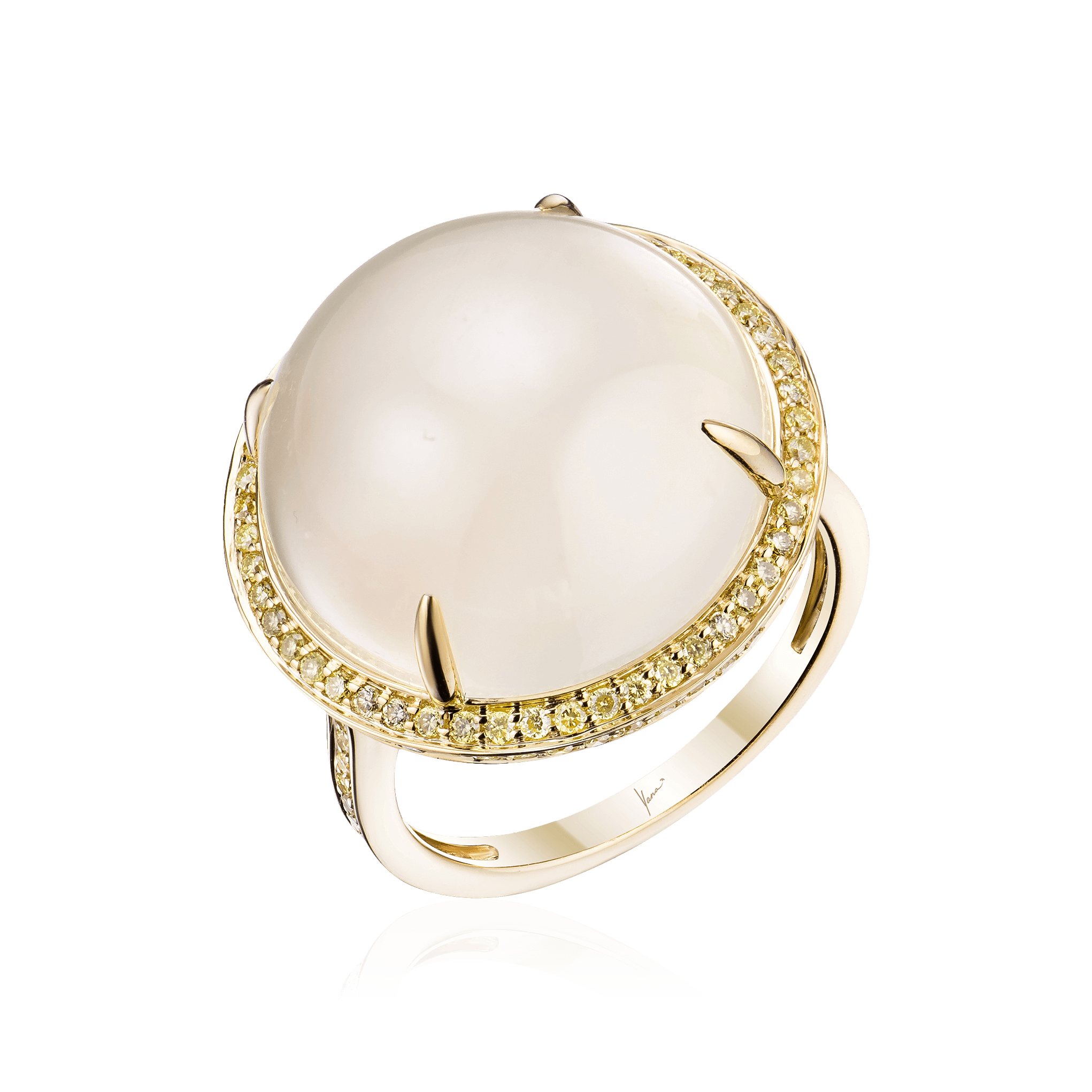 Кольцо с лунным камнем, бриллиантами из желтого золота 750 пробы, фото № 1