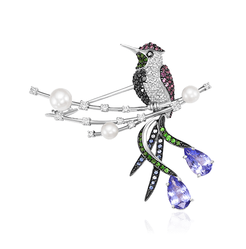 Брошь в виде птицы с танзанитами, сапфиром, бриллиантами, жемчугом, тсаворитом из белого золота 585 пробы (арт. 54652)