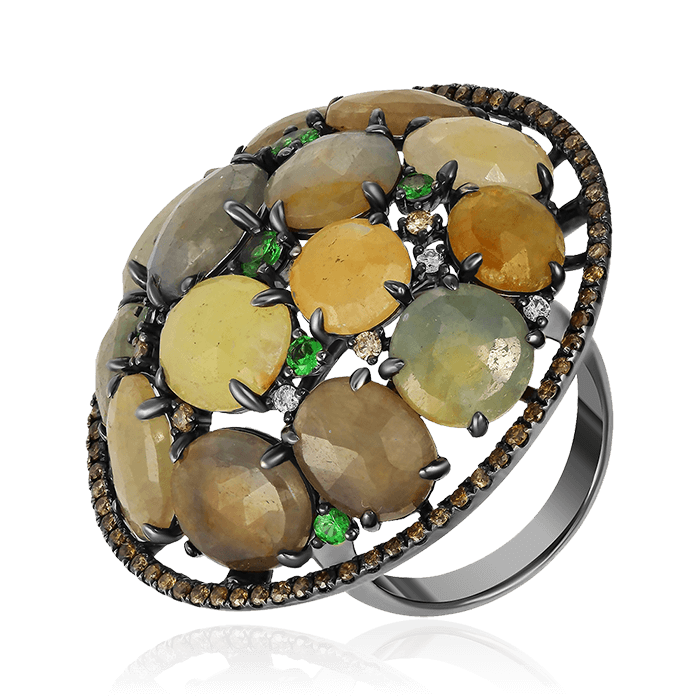 Кольцо с бриллиантами, тсаворитом, корундом из белого золота 750 пробы (арт. 65596)