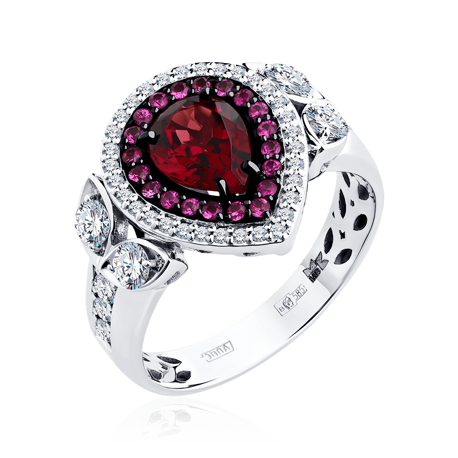Кольцо с рубином, бриллиантами, родолитом из белого золота 585 пробы, фото № 1