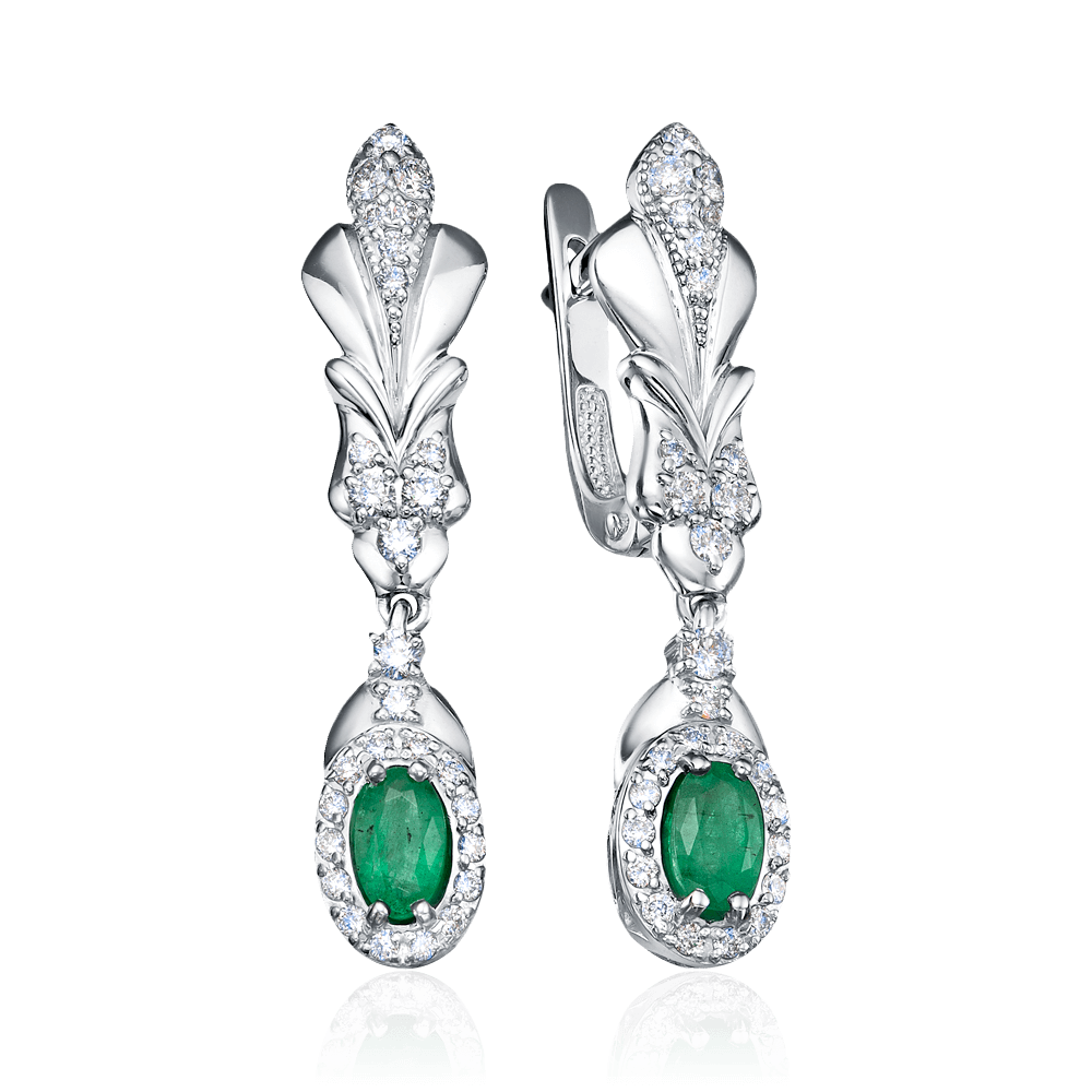Серьги с изумрудом, бриллиантами из белого золота 585 пробы, фото № 1