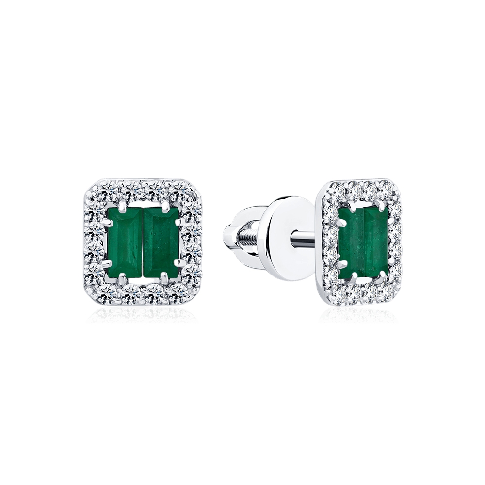 Серьги с изумрудом, бриллиантами из белого золота 585 пробы (арт. 131602)