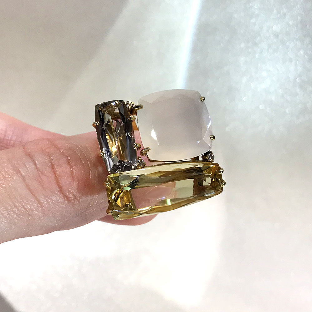Кольцо с агатом, цитрином, раухтопазом, бриллиантами из желтого золота 750 пробы, фото № 4