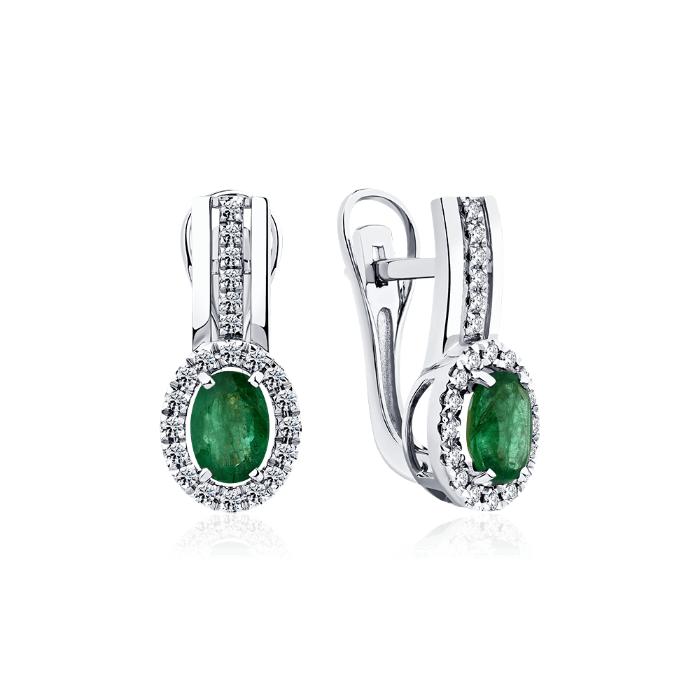 Серьги с изумрудом, бриллиантами из белого золота 585 пробы, фото № 1