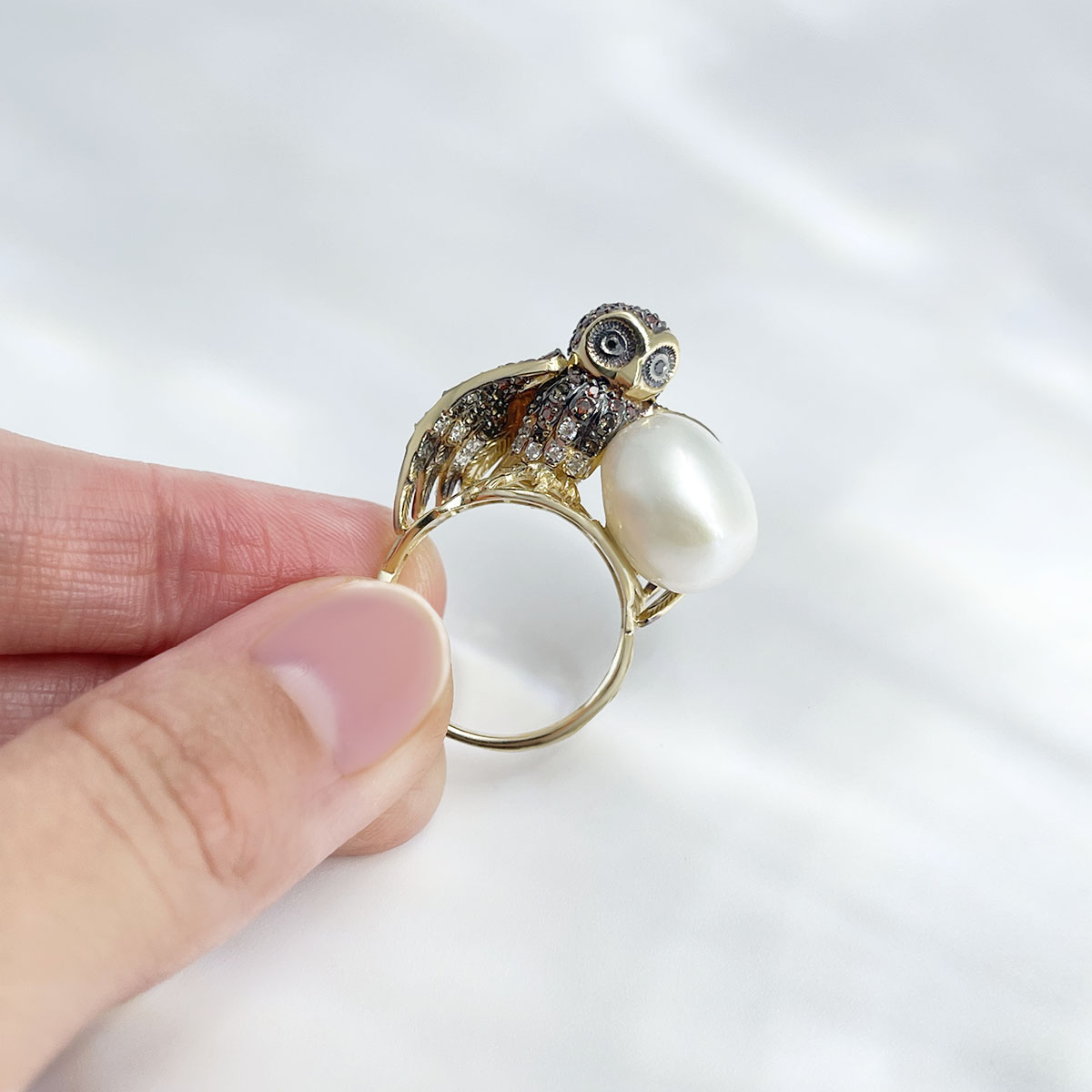 Кольцо Сова с бриллиантами из желтого золота 585, фото № 3