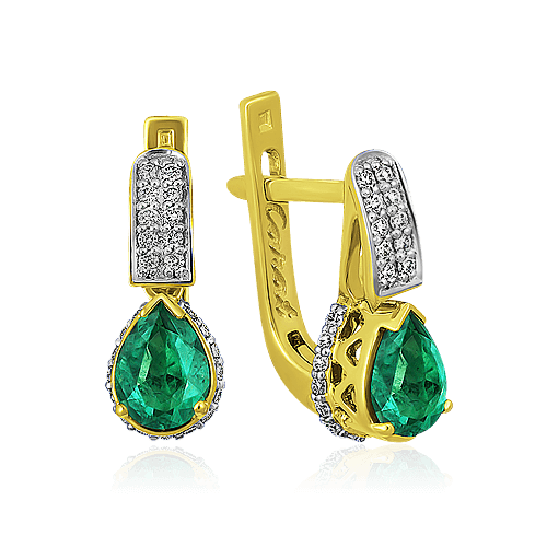 Серьги с изумрудом, бриллиантами из желтого золота 750 пробы, фото № 1