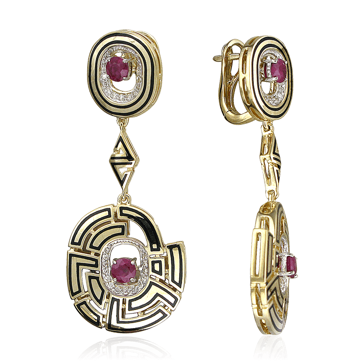 Серьги с рубином, бриллиантами, эмалью из комбинированного золота 585 пробы (арт. 67118)