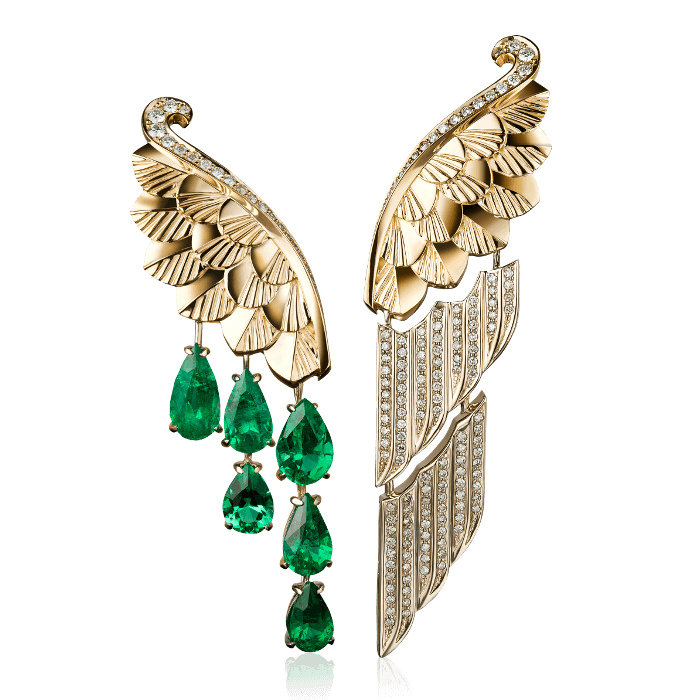Асимметричные серьги Крылья с изумрудами и бриллиантами в желтом  золоте 750 пробы, фото № 1