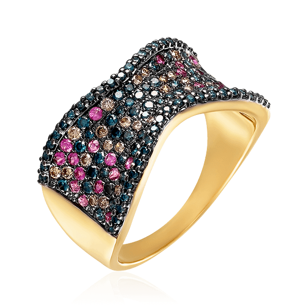 Кольцо с розовыми сапфирами, голубыми, коричневыми бриллиантами в желтом золоте 585 пробы, фото № 1