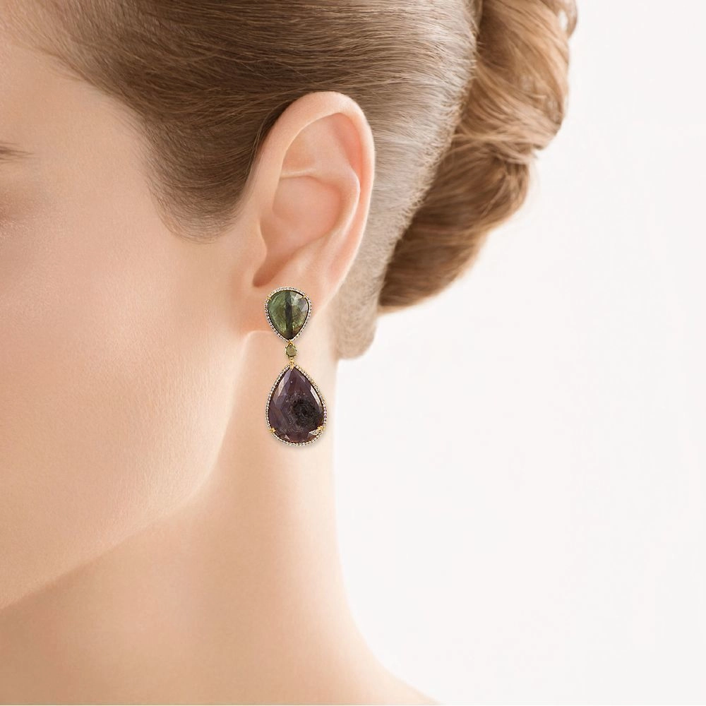 Серьги с сапфиром, бриллиантами, корундом из желтого золота 585 пробы, фото № 2
