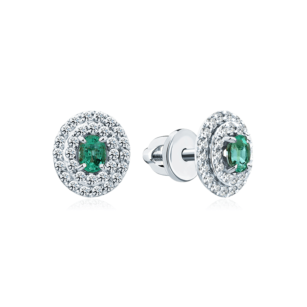 Серьги с изумрудом, бриллиантами из белого золота 585 пробы (арт. 132706)