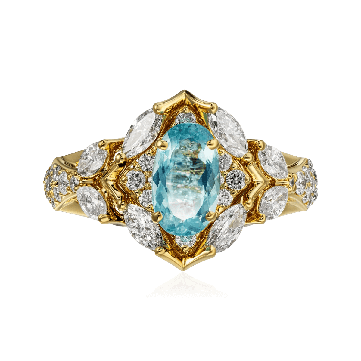 Кольцо с турмалином Параиба, бриллиантами из желтого золота 750 пробы, фото № 2