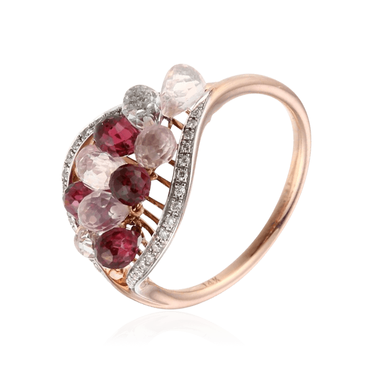 Кольцо с топазом, бриллиантами, кварцем, родолитом из красного золота 585 пробы, фото № 1