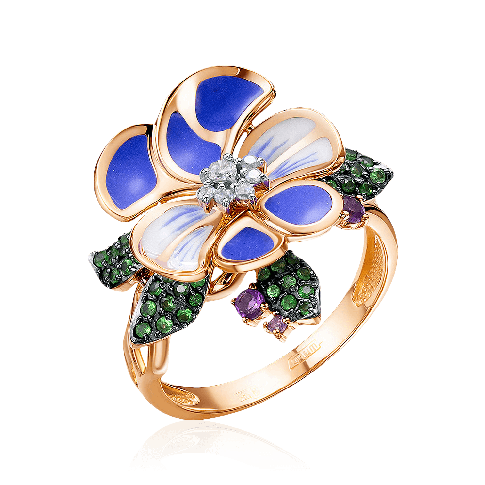 Кольцо цветок с аметистом, эмалью, тсаворитом, бриллиантами из красного золота 585 пробы (арт. 96222)