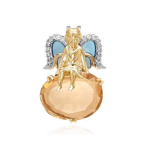 Кулон ангелочек с кварцем, эмалью, бриллиантами из желтого золота 585 пробы (арт. 49758)