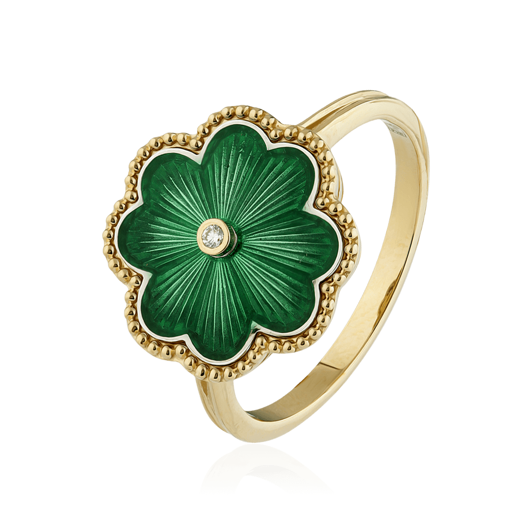 Кольцо в виде цветка с бриллиантами, эмалью из желтого золота 585 пробы, фото № 1