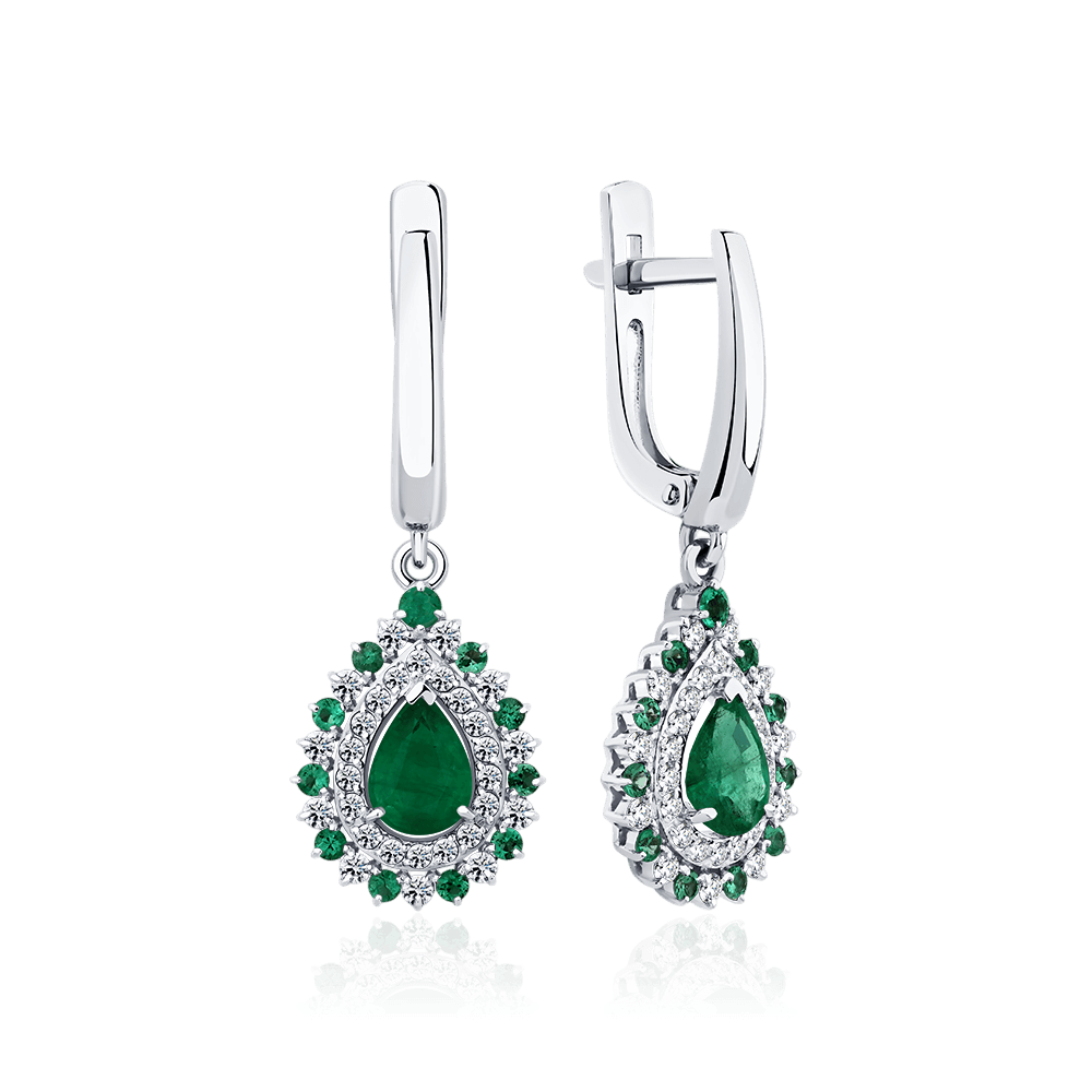 Серьги с изумрудом, бриллиантами из белого золота 585 пробы (арт. 126391)