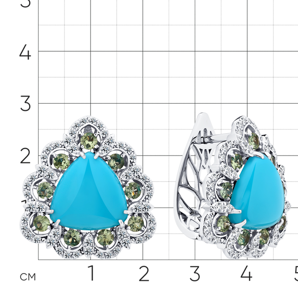 Серьги с сапфиром, бриллиантами, бирюзой из белого золота 585 пробы, фото № 2