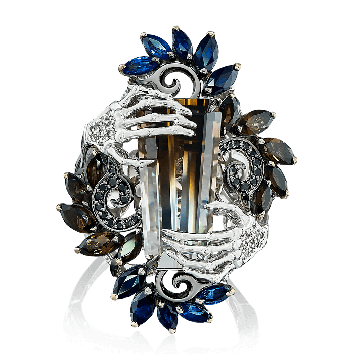 Кольцо с полихромным кварцем, раухтопазом, сапфиром, бриллиантами из белого золота 750 пробы, фото № 2