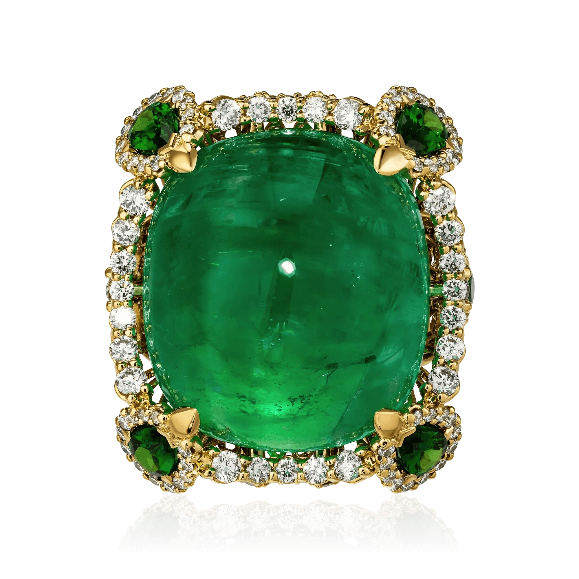Кольцо с изумрудом, бриллиантами, тсаворитом из желтого золота 750 пробы, фото № 2