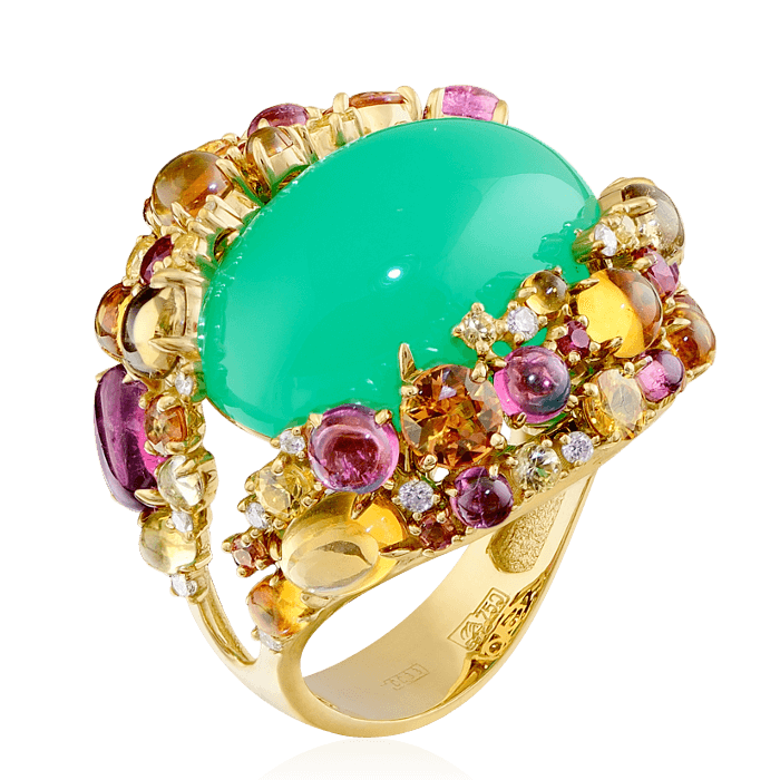 Кольцо с бриллиантами, цитрином, турмалином, цветными сапфирами, хризопразом из желтого золота 750 пробы (арт. 38714)