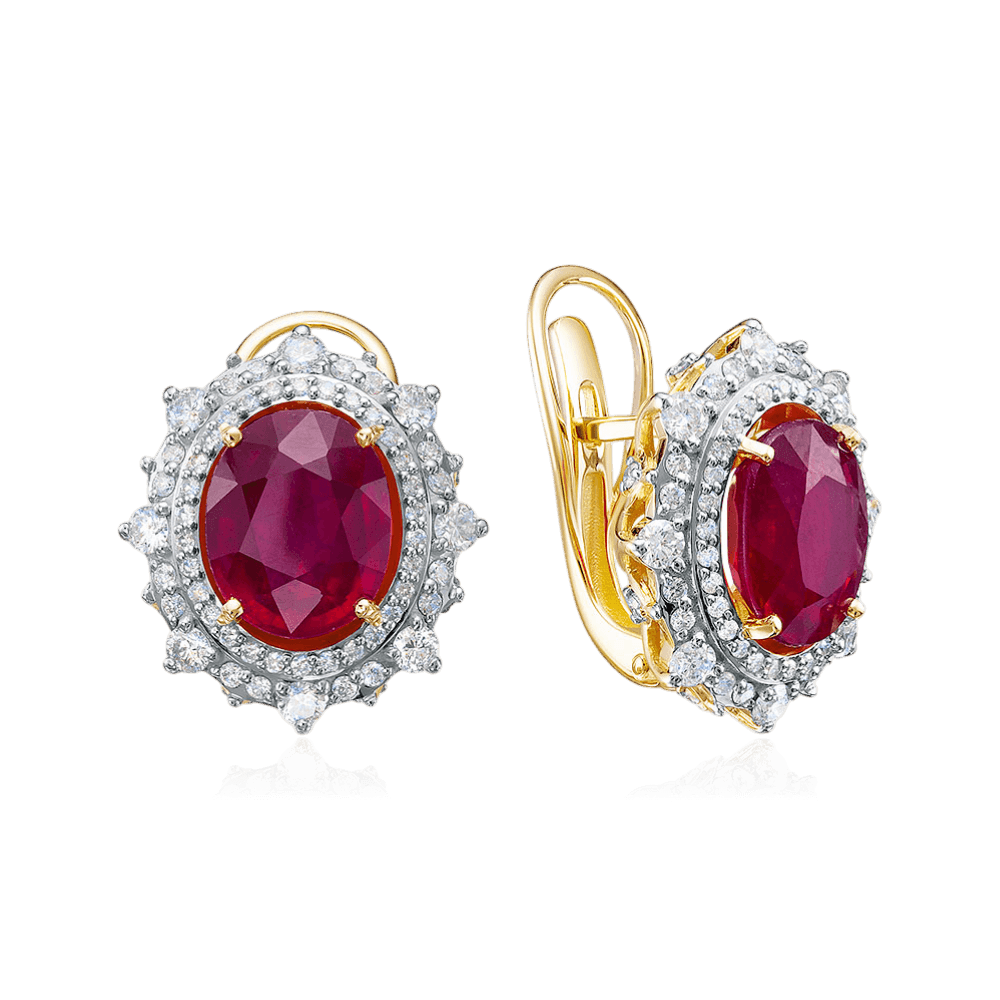 Серьги с рубином, бриллиантами из желтого золота 585 пробы (арт. 128724)