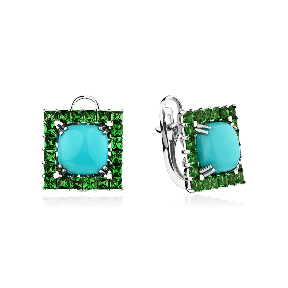 Серьги с тсаворитом, бирюзой из белого золота 585 пробы, фото № 1