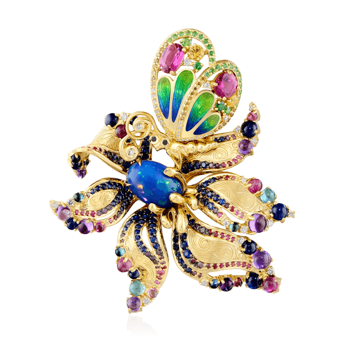 Подвеска-брошь Бабочка на цветке с опалом, бриллиантами, аметистом, демантоидом, рубином из желтого золота 750 пробы, фото № 1