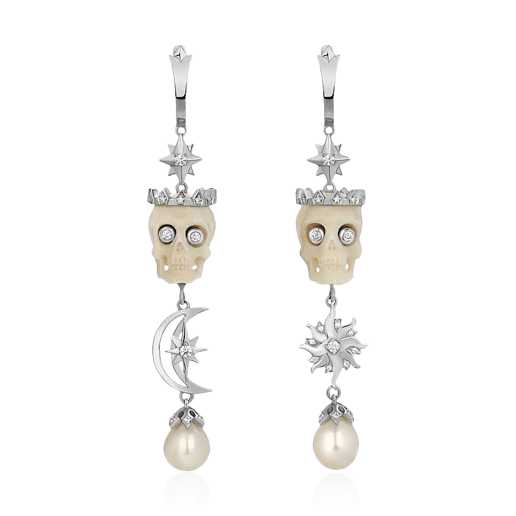 Длинные серьги с черепами из бивня мамонта, жемчугом, бриллиантами из белого золота 585 пробы (арт. 91741)