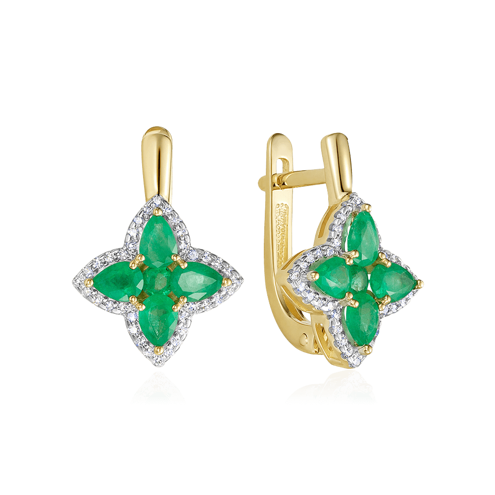 Серьги с бриллиантами, изумрудом из желтого золота 585 пробы, фото № 1