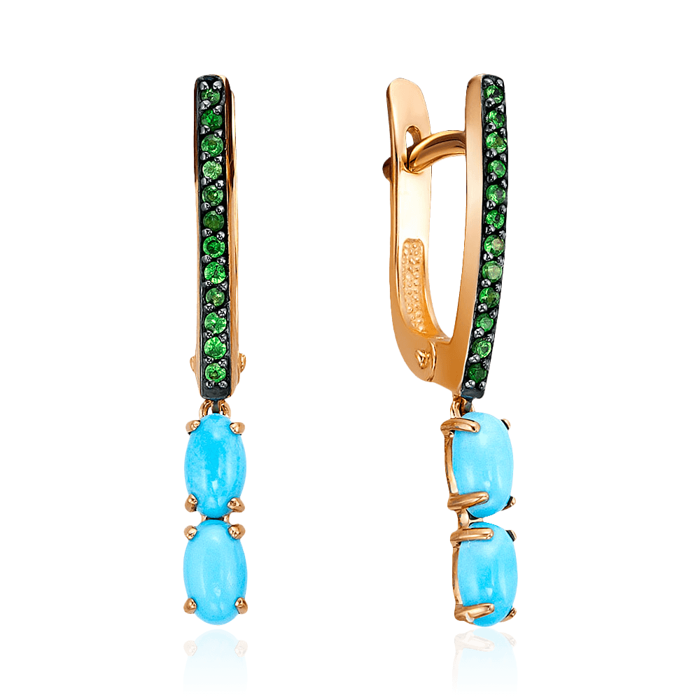 Серьги с тсаворитом, бирюзой из красного золота 585 пробы (арт. 97234)