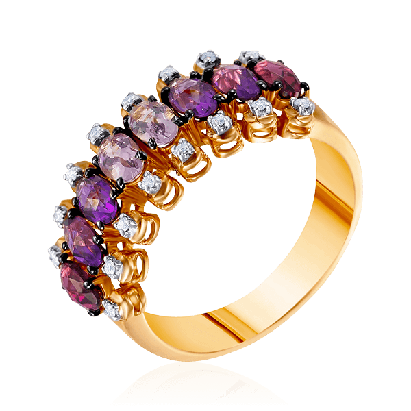 Кольцо с аметистом, родолитом, бриллиантами из красного золота 585 пробы, фото № 1