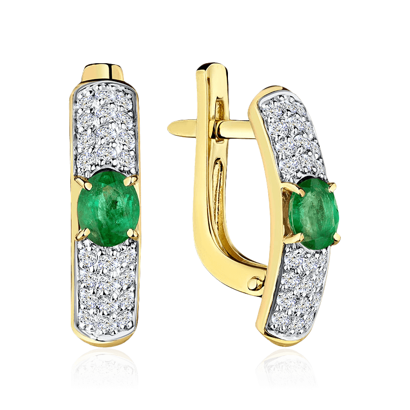 Серьги с бриллиантами, изумрудом из желтого золота 585 пробы, фото № 1