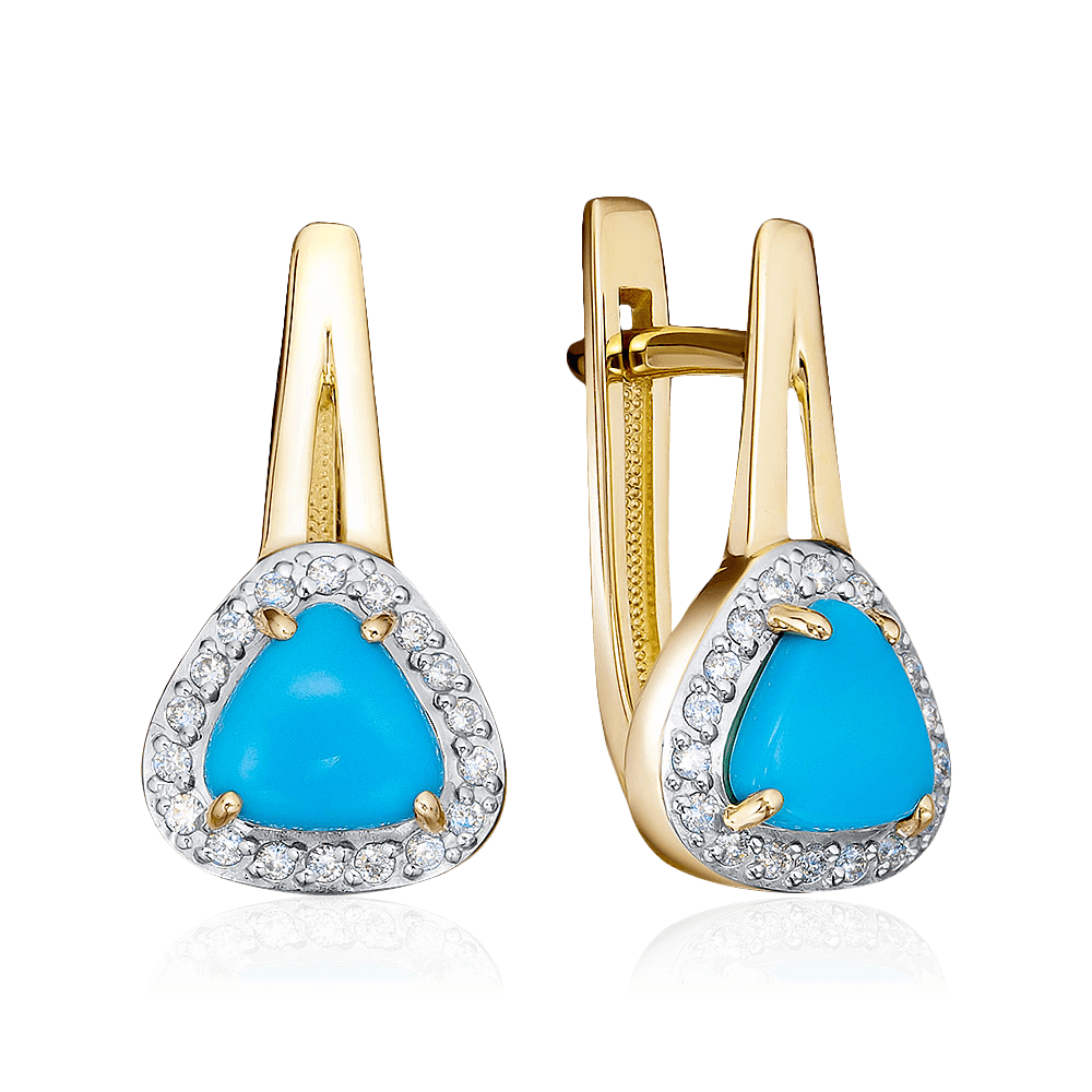 Серьги с бирюзой, бриллиантами из желтого золота 585 пробы, фото № 1