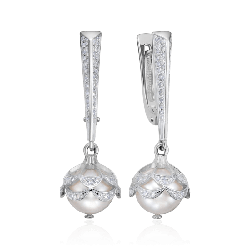 Серьги с жемчугом, бриллиантами из белого золота 585 пробы (арт. 133344)