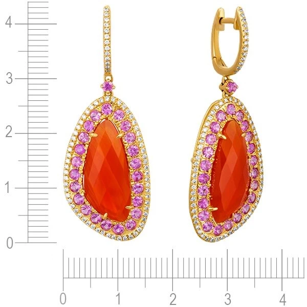 Серьги с корнеолом, сапфиром, бриллиантами из желтого золота 585 пробы, фото № 3