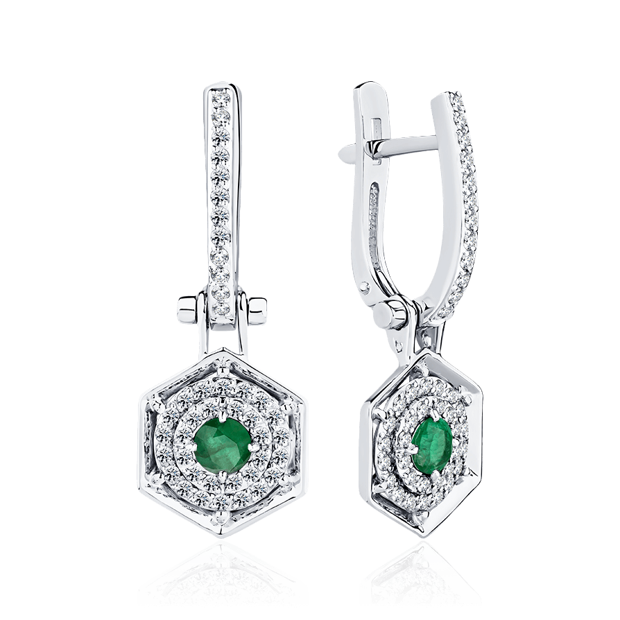 Серьги с бриллиантами, изумрудом из белого золота 585 пробы, фото № 1