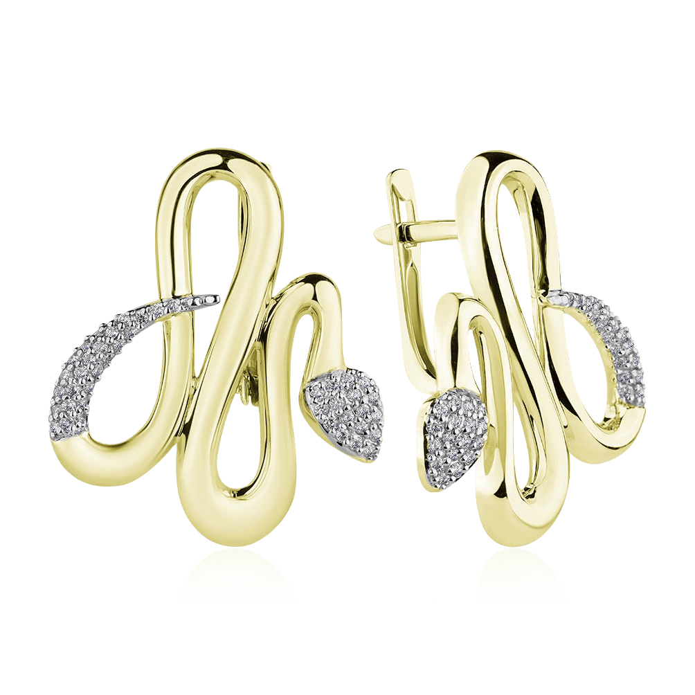 Серьги в виде змей с бриллиантами из желтого золота 585 пробы (арт. 90124)