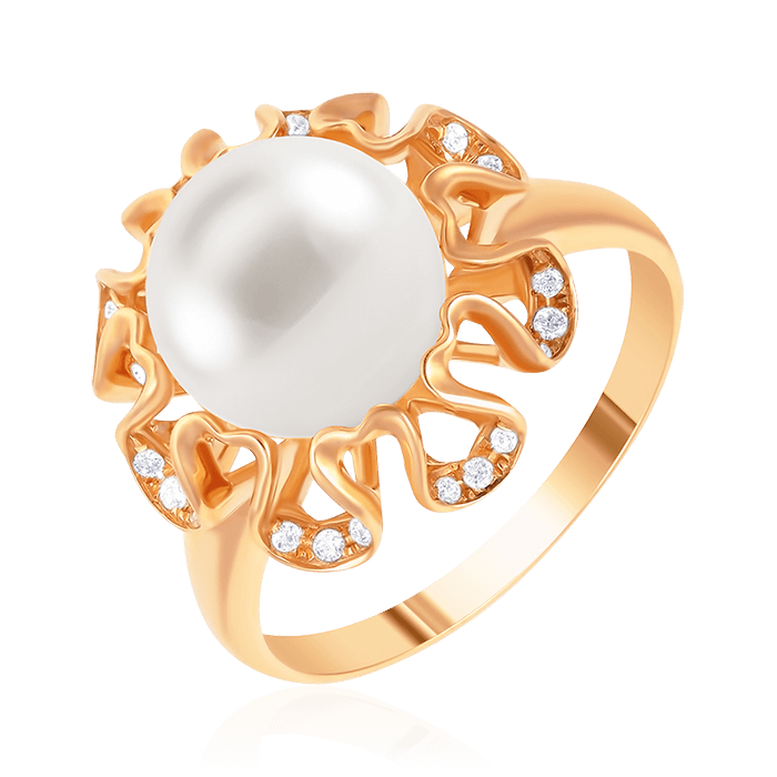 Кольцо с бриллиантами, жемчугом, жемчугом из красного золота 585 пробы, фото № 1