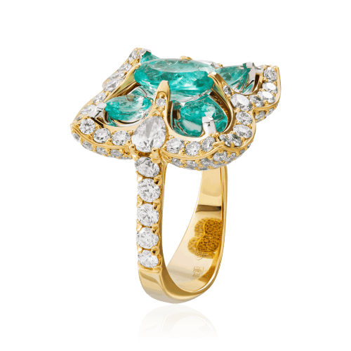 Кольцо с Параиба турмалином, бриллиантами из желтого золота 750 пробы, фото № 4