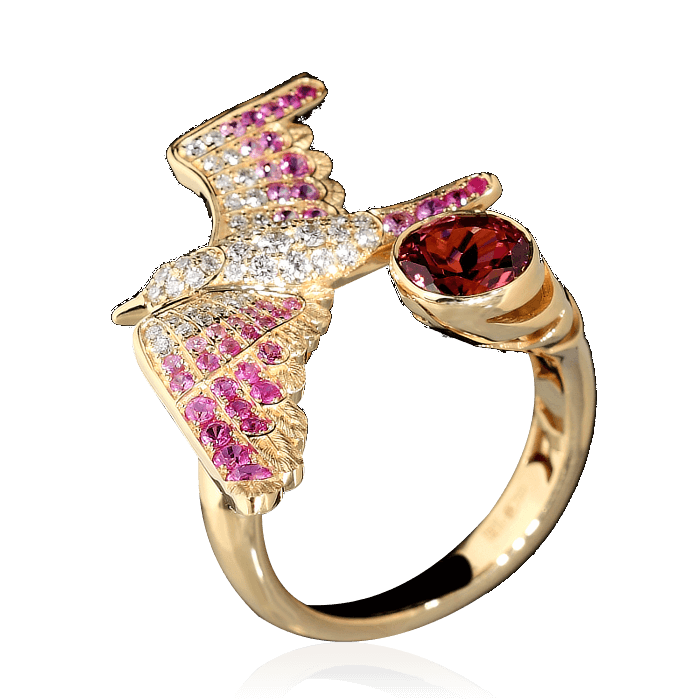 Кольцо в виде чайки с турмалином, бриллиантами и розовыми сапфирами в желтом золоте 750 пробы, фото № 1