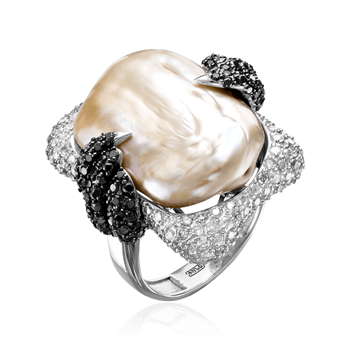 Кольцо с жемчугом, бриллиантами из белого золота 585 пробы (арт. 66184)