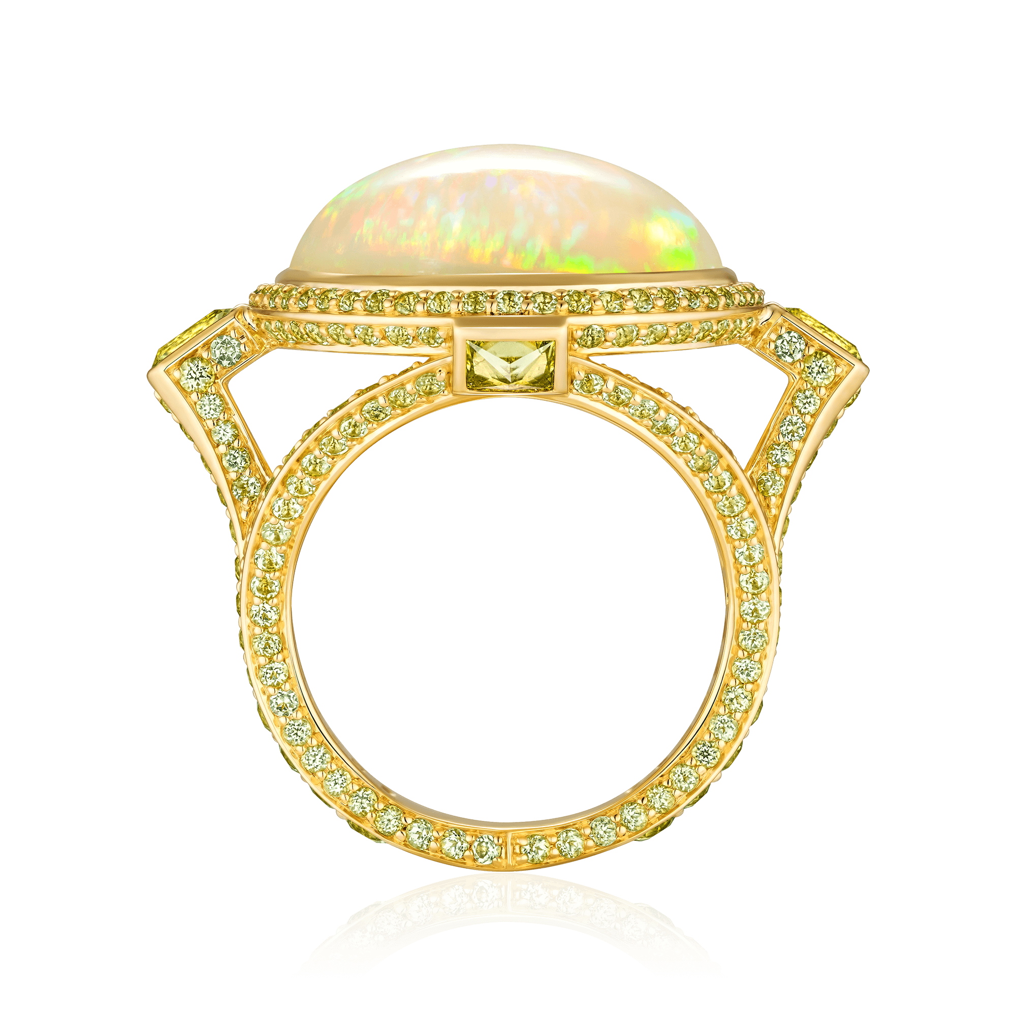 Кольцо с опалом, перидотами из желтого золота 750 пробы, фото № 2