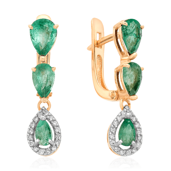 Серьги с бриллиантами, изумрудом из красного золота 585 пробы, фото № 1