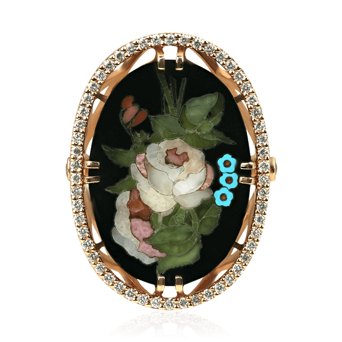 Кольцо с бриллиантами и флорентийской мозаикой из желтого золота 585, фото № 2