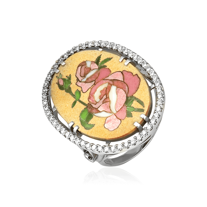 Кольцо с флорентийской мозаикой, бриллиантами из белого золота 585 (арт. 76636)