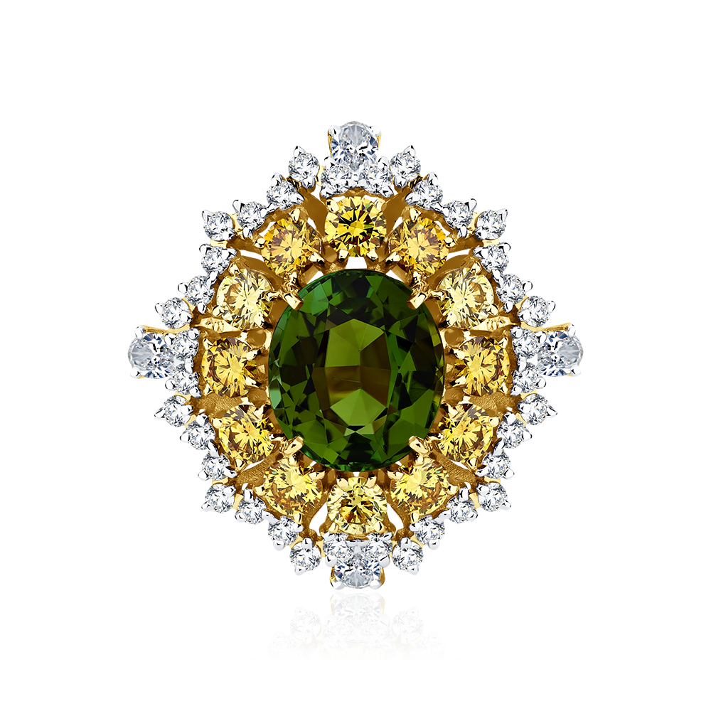 Кольцо с турмалином, бриллиантами из желтого золота 585 пробы, фото № 3