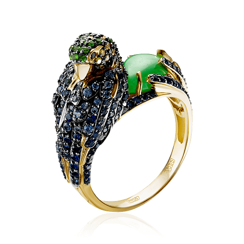 Кольцо Попугай с жадеитом, сапфиром, тсаворитом, бриллиантами из желтого золота 585 пробы (арт. 66119)